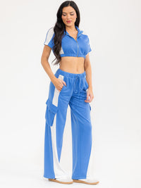 WOMEN'S SHORT SLEEVE CROP TOP & ELASTIC WAIST PANTS COLORBLOCK 2PC. SET