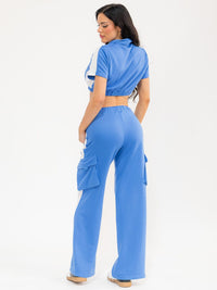 WOMEN'S SHORT SLEEVE CROP TOP & ELASTIC WAIST PANTS COLORBLOCK 2PC. SET