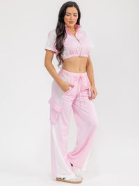 WOMEN'S SHORT SLEEVE CROP TOP & ELASTIC WAIST PANTS COLORBLOCK 2PC. SET