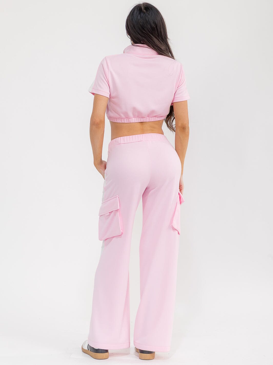 WOMEN'S SHORT SLEEVE CROP TOP & ELASTIC WAIST PANTS COLORBLOCK 2PC. SET