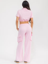 WOMEN'S SHORT SLEEVE CROP TOP & ELASTIC WAIST PANTS COLORBLOCK 2PC. SET