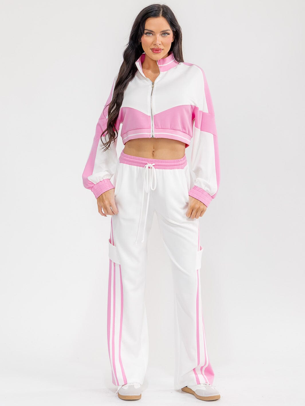 WOMEN'S LONG SLEEVE ZIP UP CROP SWEATER & ELASTIC WAIST PANTS COLORBLOCK 2PC. SET