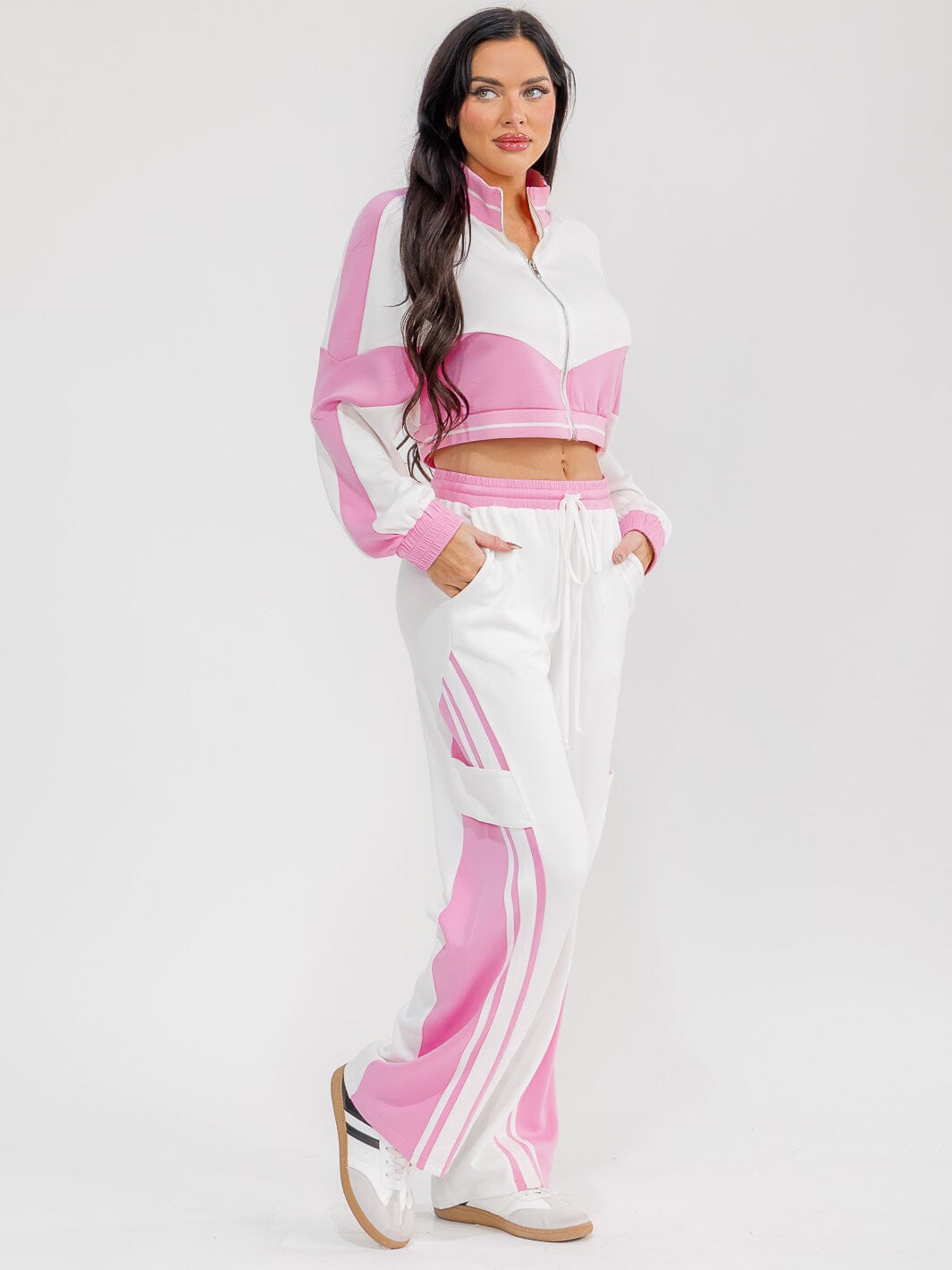 WOMEN'S LONG SLEEVE ZIP UP CROP SWEATER & ELASTIC WAIST PANTS COLORBLOCK 2PC. SET