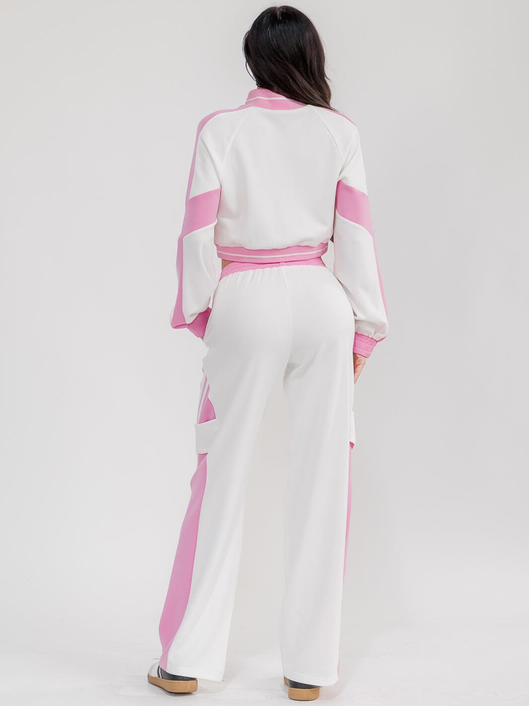 WOMEN'S LONG SLEEVE ZIP UP CROP SWEATER & ELASTIC WAIST PANTS COLORBLOCK 2PC. SET