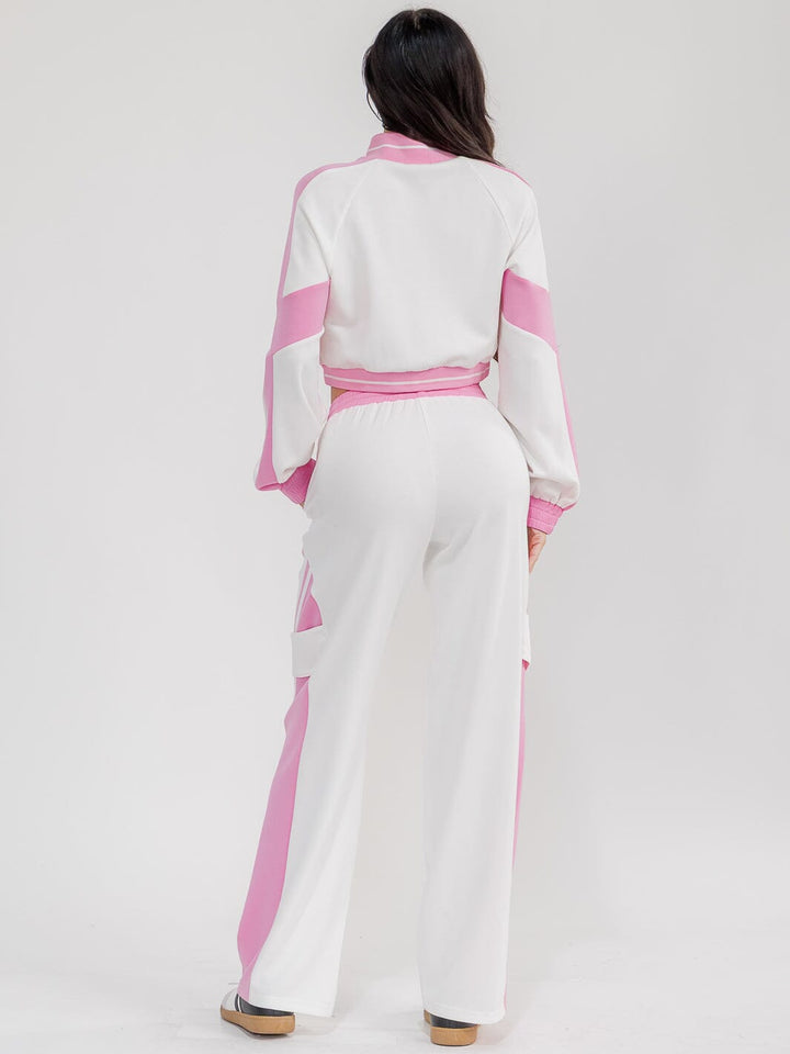 WOMEN'S LONG SLEEVE ZIP UP CROP SWEATER & ELASTIC WAIST PANTS COLORBLOCK 2PC. SET