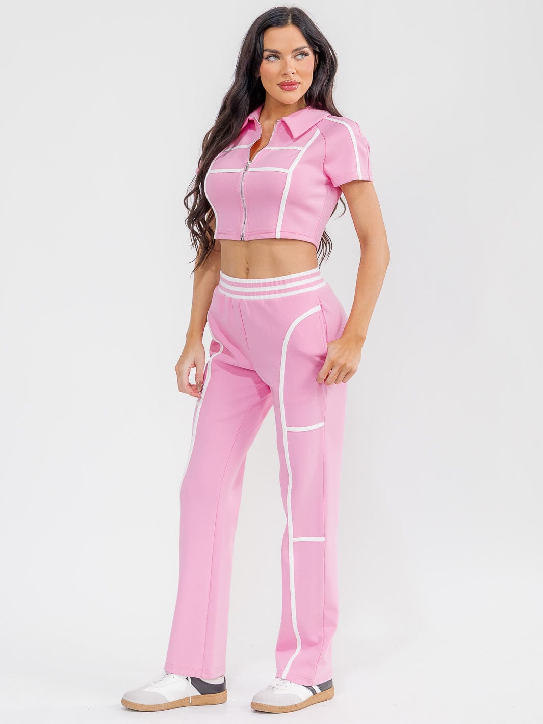 WOMEN'S SHORT SLEEVE CROP TOP & ELASTIC WAIST PANTS COLORBLOCK 2PC. SET