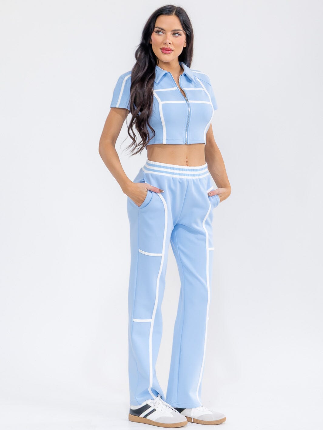 WOMEN'S SHORT SLEEVE CROP TOP & ELASTIC WAIST PANTS COLORBLOCK 2PC. SET