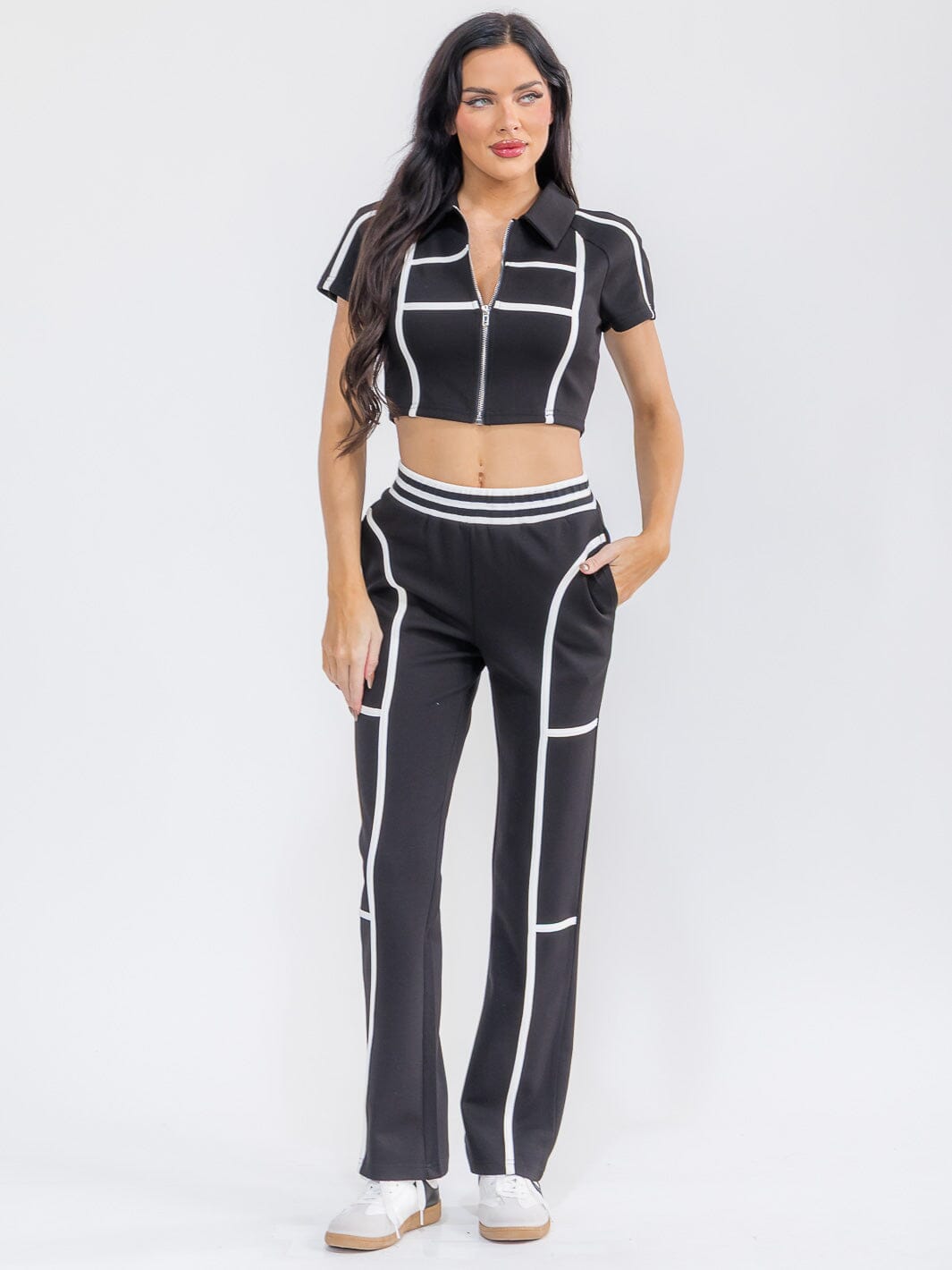 WOMEN'S SHORT SLEEVE CROP TOP & ELASTIC WAIST PANTS COLORBLOCK 2PC. SET