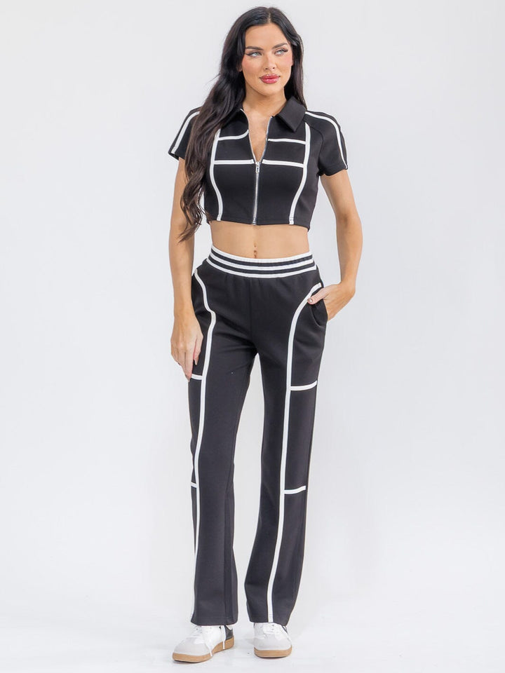 WOMEN'S SHORT SLEEVE CROP TOP & ELASTIC WAIST PANTS COLORBLOCK 2PC. SET