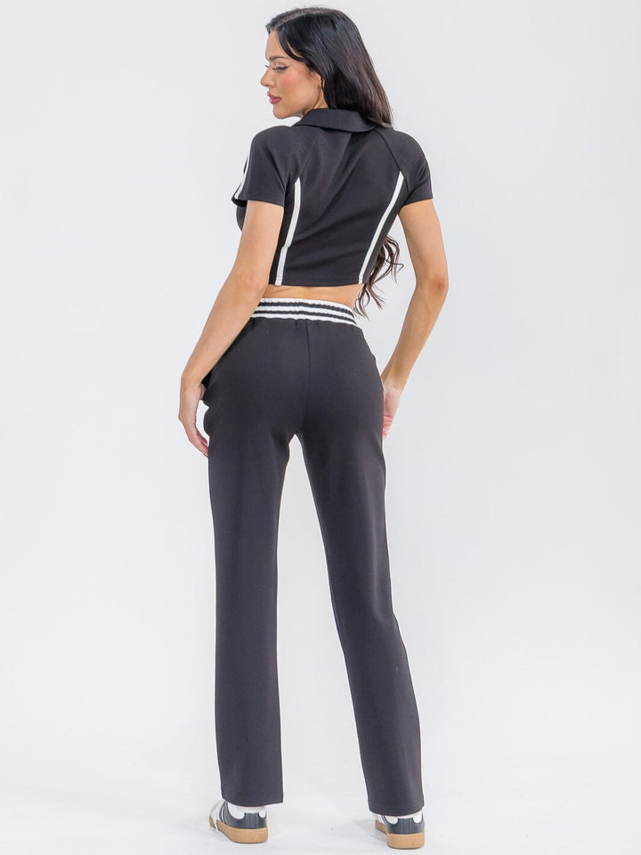 WOMEN'S SHORT SLEEVE CROP TOP & ELASTIC WAIST PANTS COLORBLOCK 2PC. SET