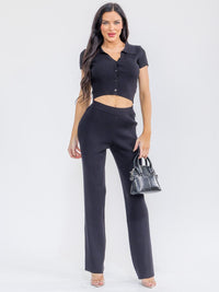 WOMEN'S SHORT SLEEVE CROP TOP & ELASTIC WAIST PANTS RIBBED 2PC. SET