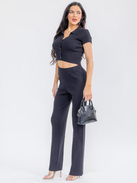 WOMEN'S SHORT SLEEVE CROP TOP & ELASTIC WAIST PANTS RIBBED 2PC. SET