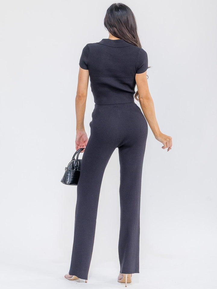 WOMEN'S SHORT SLEEVE CROP TOP & ELASTIC WAIST PANTS RIBBED 2PC. SET