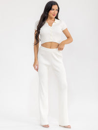 WOMEN'S SHORT SLEEVE CROP TOP & ELASTIC WAIST PANTS RIBBED 2PC. SET