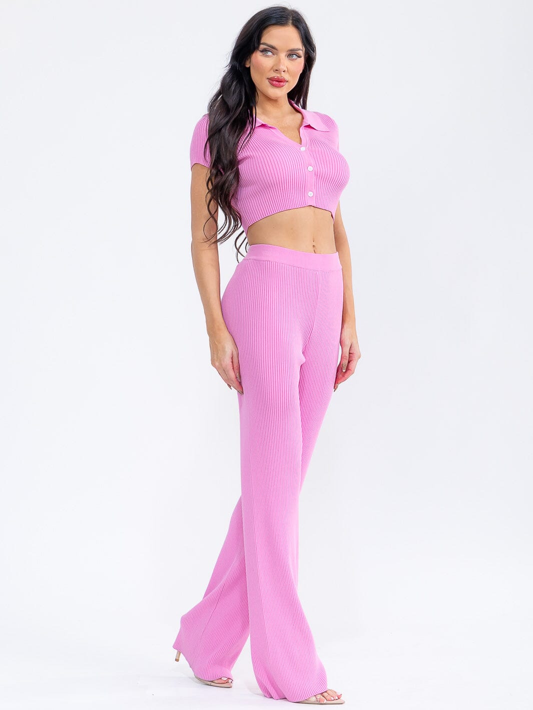 WOMEN'S SHORT SLEEVE CROP TOP & ELASTIC WAIST PANTS RIBBED 2PC. SET