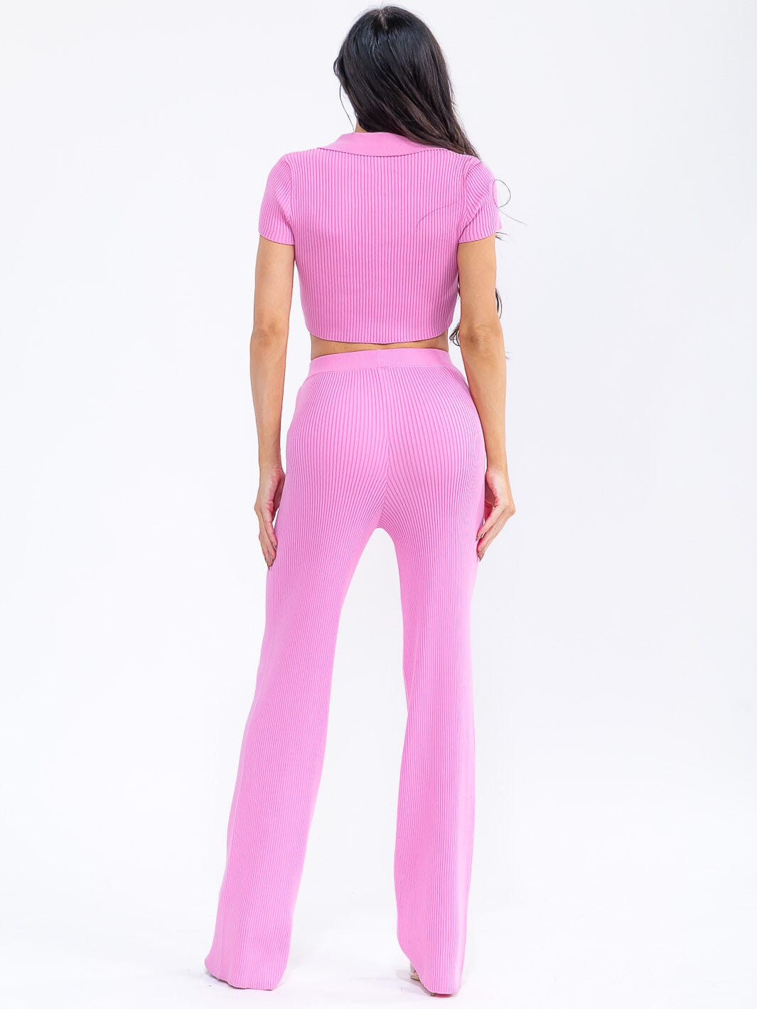 WOMEN'S SHORT SLEEVE CROP TOP & ELASTIC WAIST PANTS RIBBED 2PC. SET