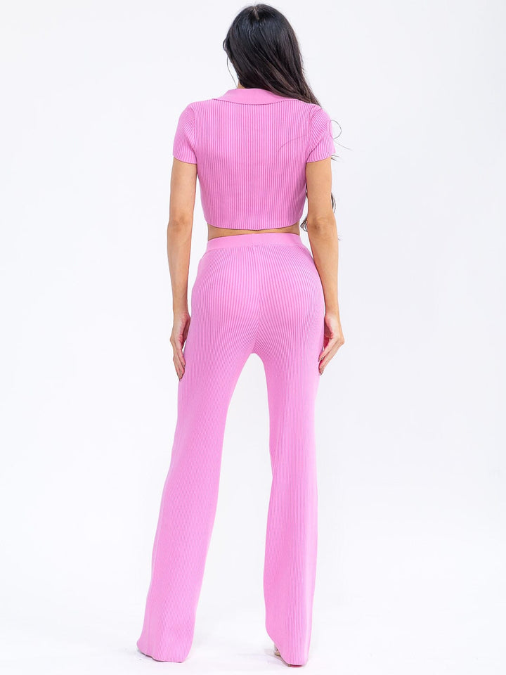 WOMEN'S SHORT SLEEVE CROP TOP & ELASTIC WAIST PANTS RIBBED 2PC. SET