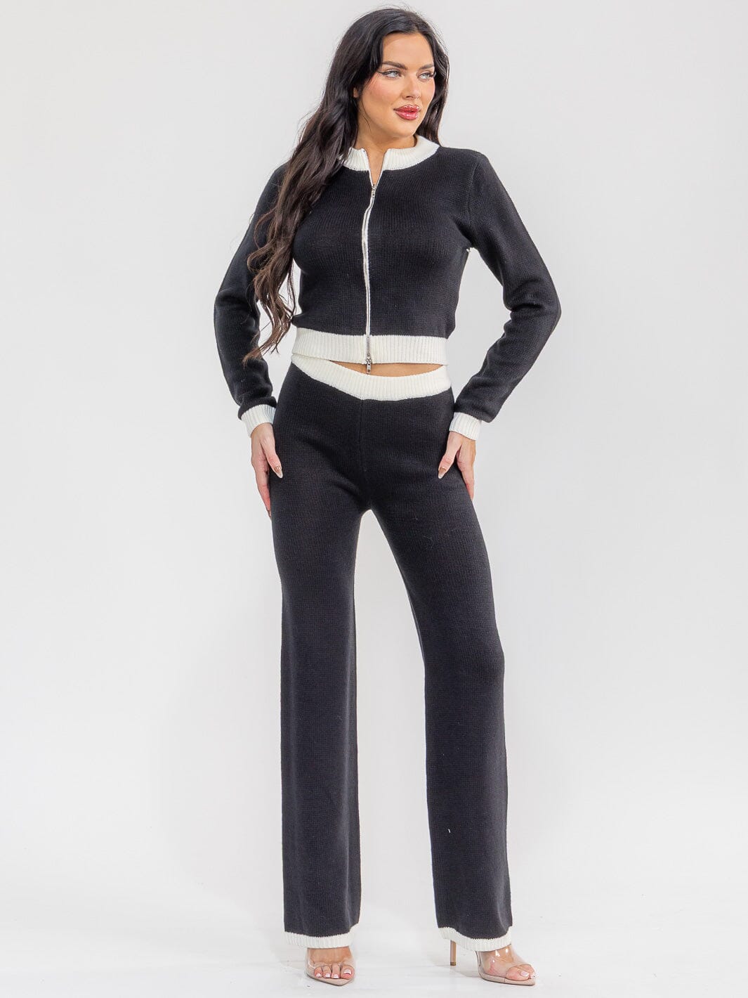 WOMEN'S LONG SLEEVE ZIP UP SWEATER & ELASTIC WAIST PANTS COLORBLOCK 2PC. SET