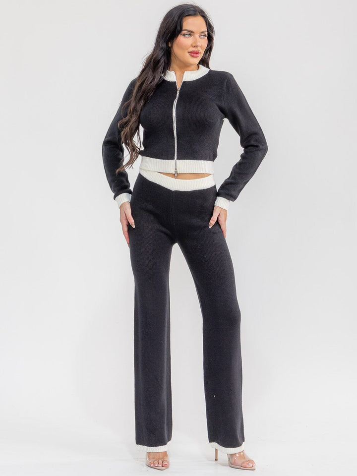 WOMEN'S LONG SLEEVE ZIP UP SWEATER & ELASTIC WAIST PANTS COLORBLOCK 2PC. SET