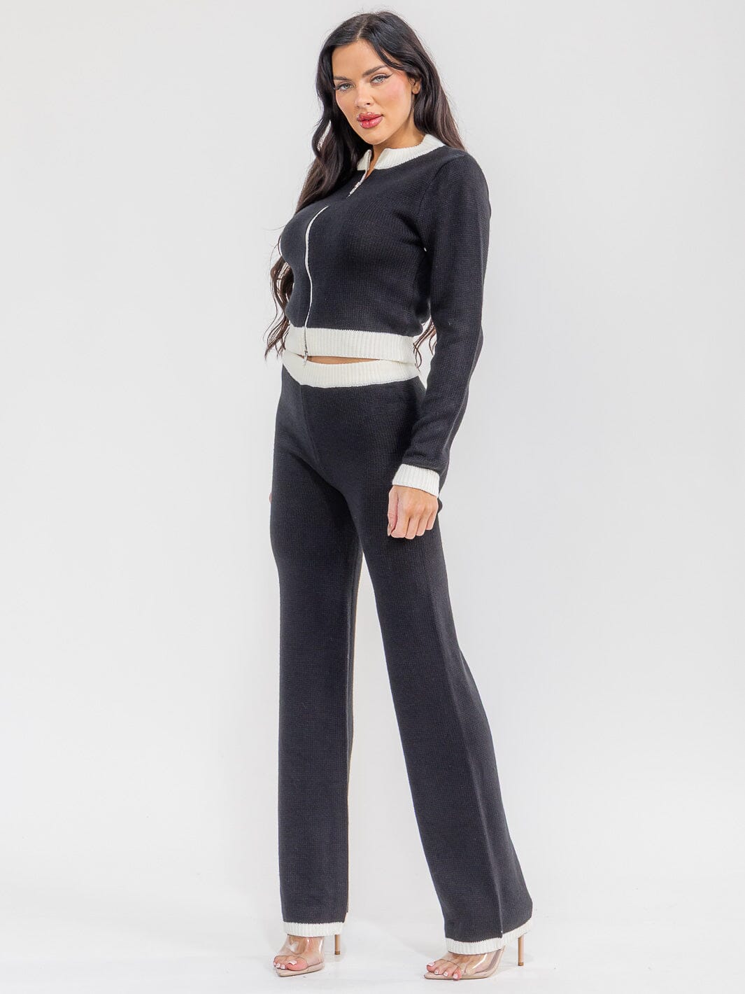 WOMEN'S LONG SLEEVE ZIP UP SWEATER & ELASTIC WAIST PANTS COLORBLOCK 2PC. SET