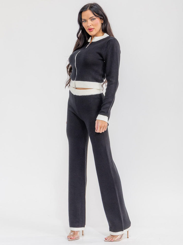 WOMEN'S LONG SLEEVE ZIP UP SWEATER & ELASTIC WAIST PANTS COLORBLOCK 2PC. SET