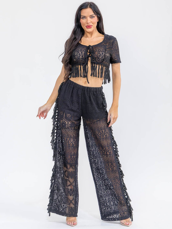 WOMEN'S SHORT SLEEVE CROP TOP & ELASTIC WAIST PANTS KNIT FRINGE 2PC. SET