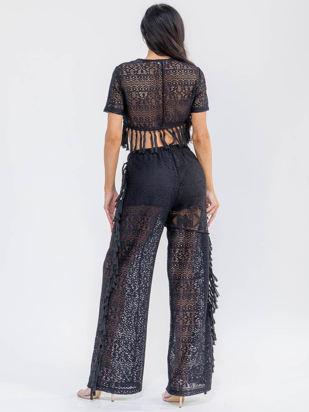 WOMEN'S SHORT SLEEVE CROP TOP & ELASTIC WAIST PANTS KNIT FRINGE 2PC. SET