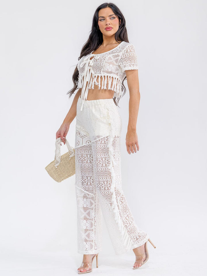 WOMEN'S SHORT SLEEVE CROP TOP & ELASTIC WAIST PANTS KNIT FRINGE 2PC. SET