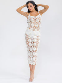 WOMEN'S SLEEVELESS CROCHET FLOWER BODYCON MAXI DRESS