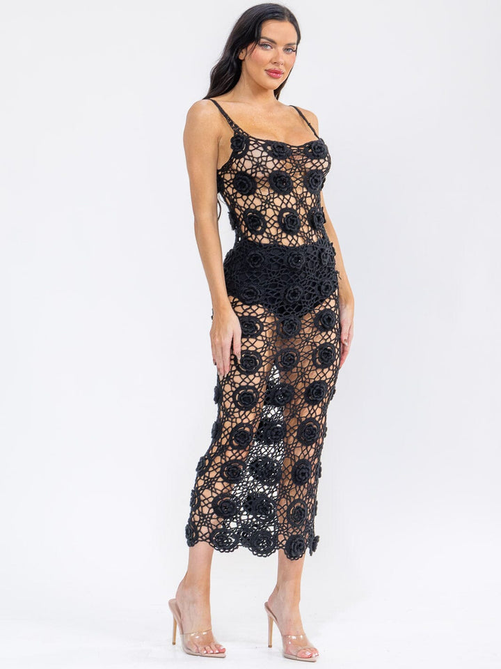 WOMEN'S SLEEVELESS CROCHET FLOWER BODYCON MAXI DRESS