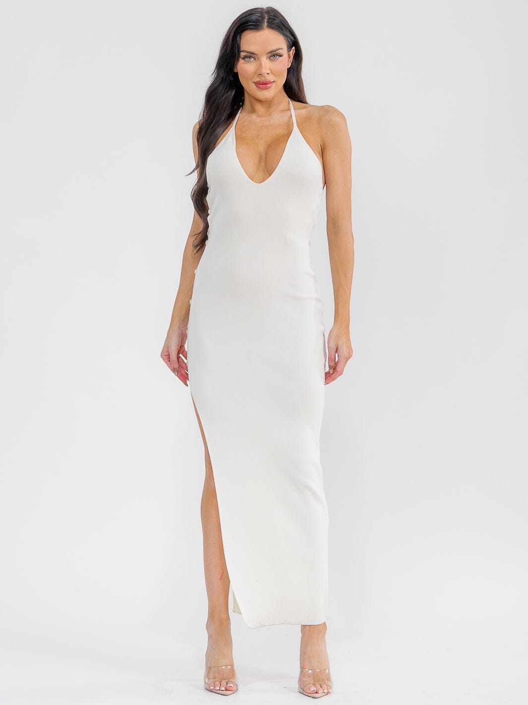 WOMEN'S SLEEVELESS V-NECK SIDE CUT OUT RIBBED BODYCON MAXI DRESS
