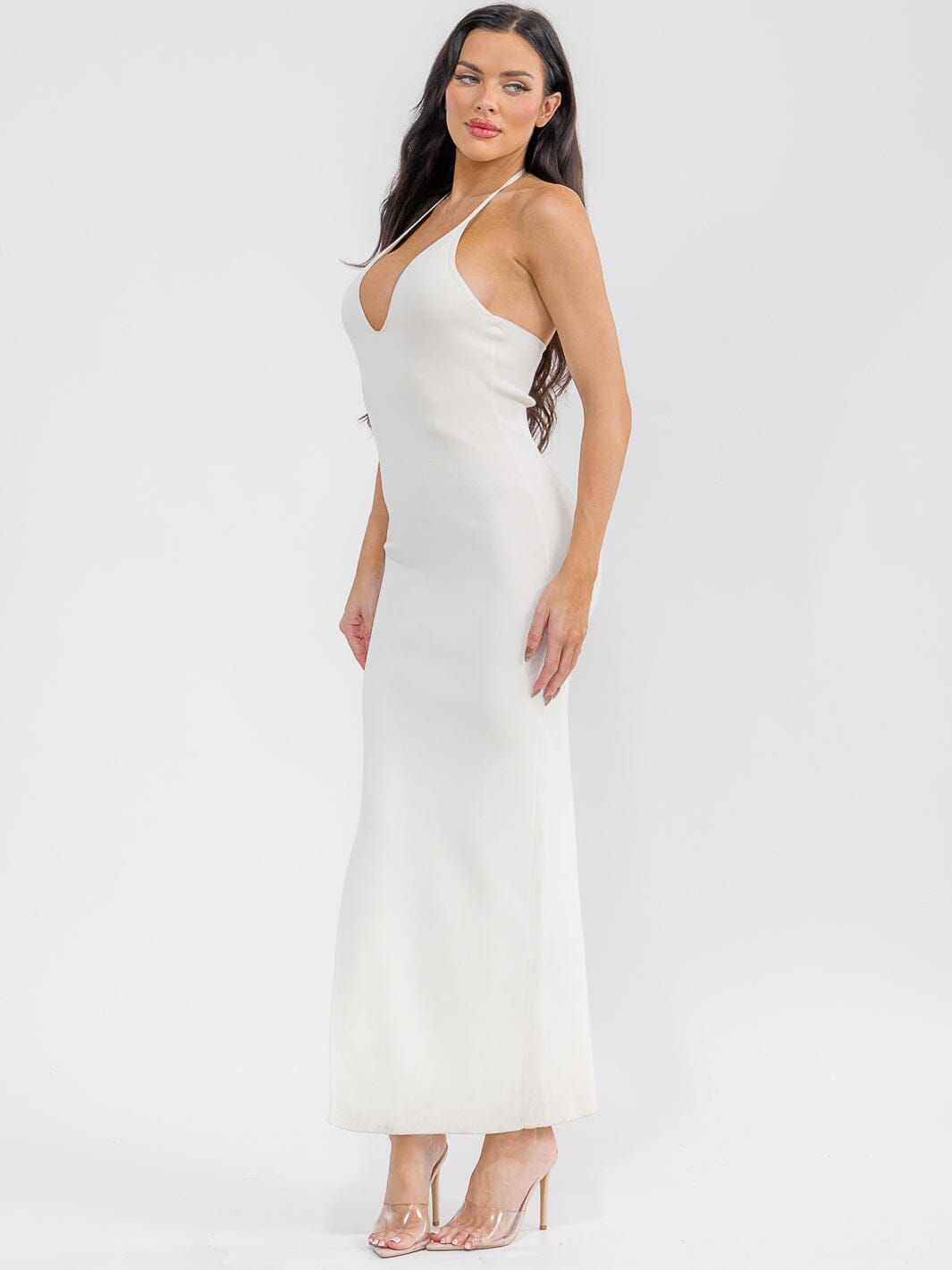 WOMEN'S SLEEVELESS V-NECK SIDE CUT OUT RIBBED BODYCON MAXI DRESS