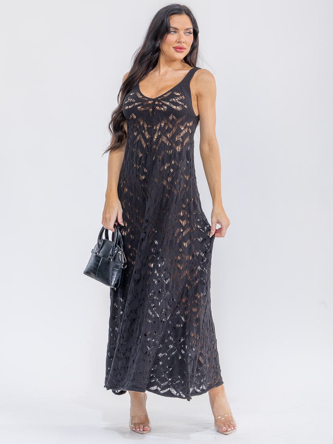 WOMEN'S SLEEVELESS V-NECK FIT & FLARE CROCHET MAXI DRESS