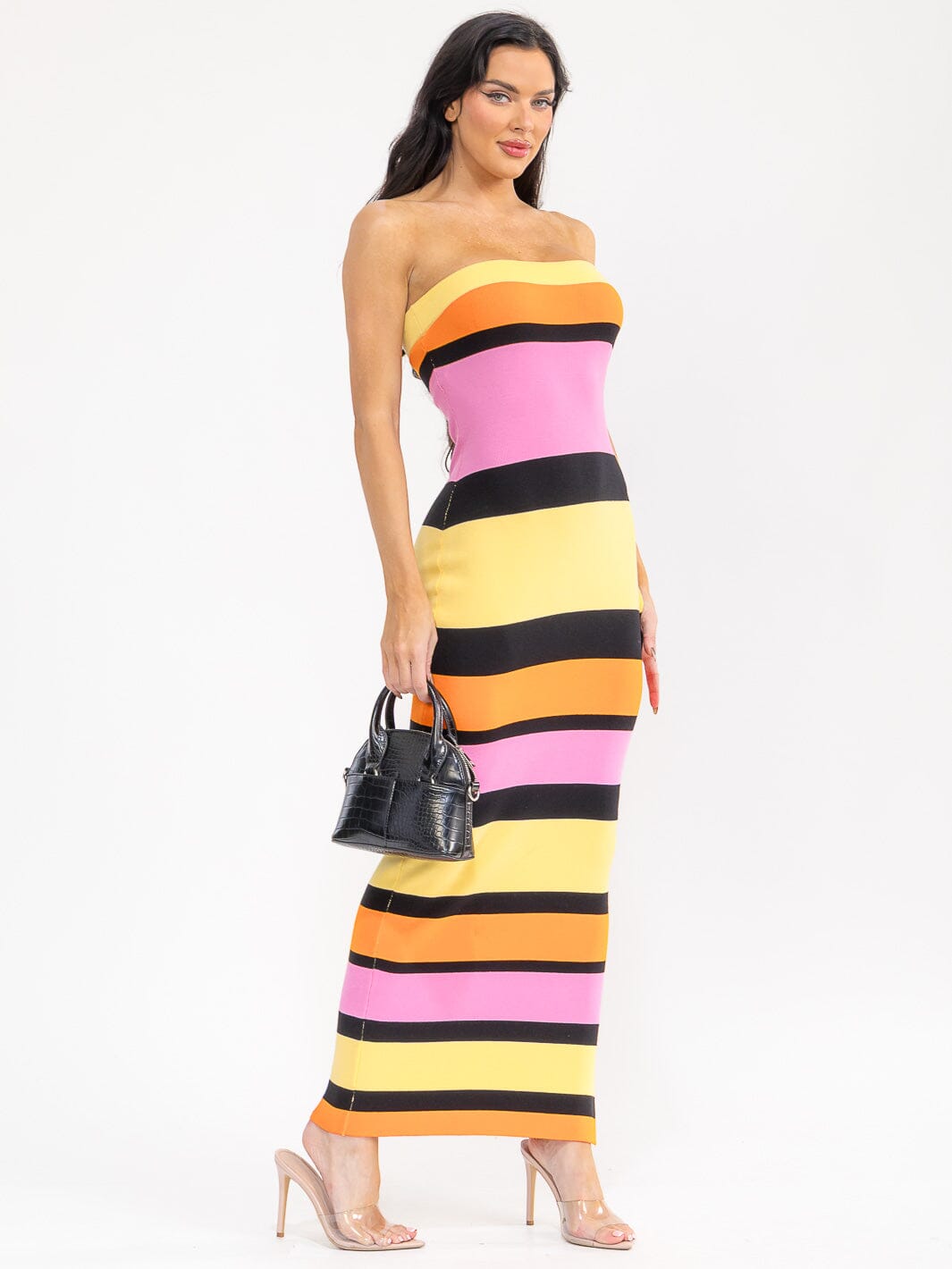 WOMEN'S SLEEVELESS COLORBLOCK STRIPES RIBBED BODYCON MAXI DRESS
