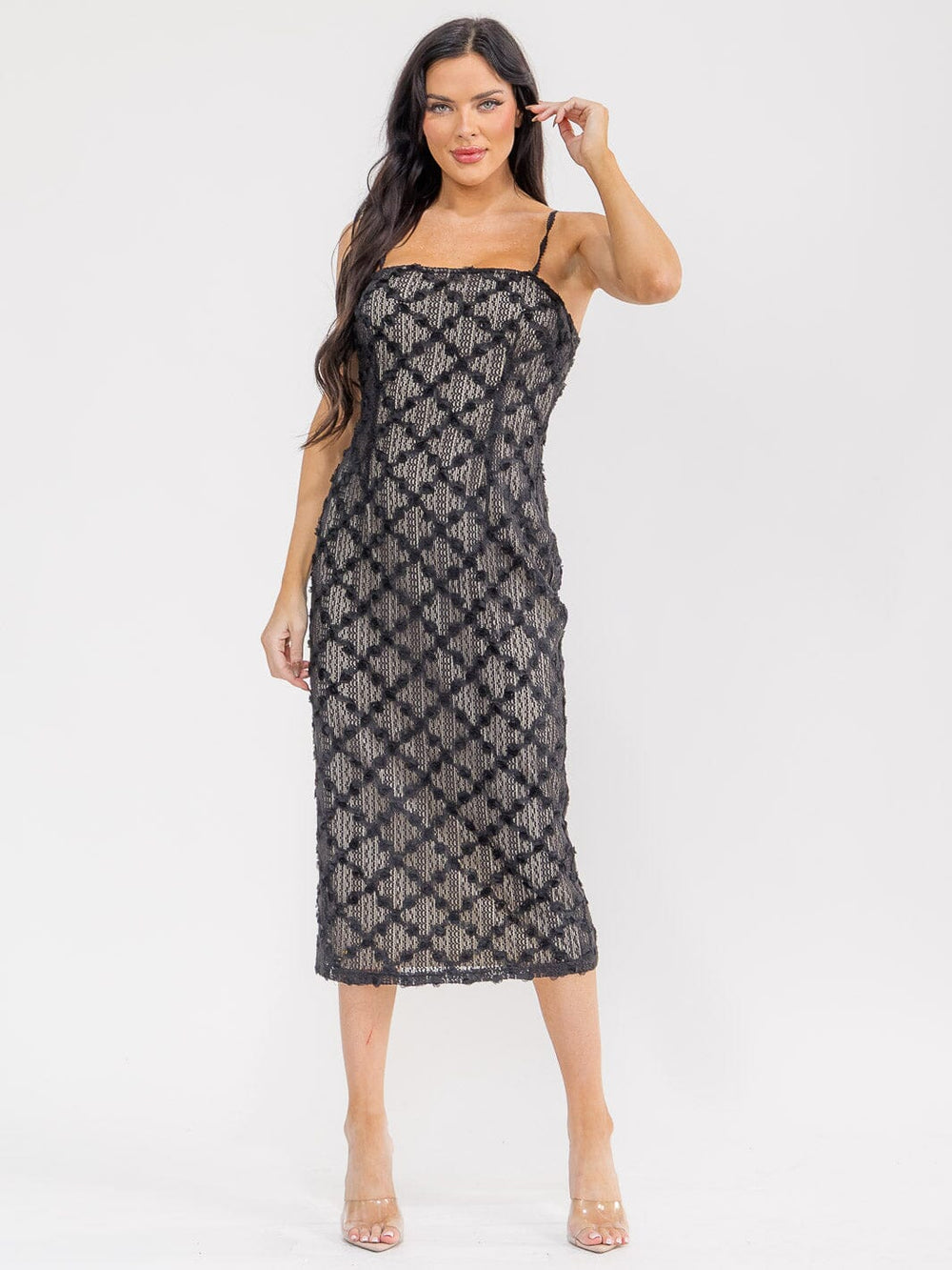 WOMEN'S SLEEVELESS FLOWER DETAILED BODYCON MIDI DRESS
