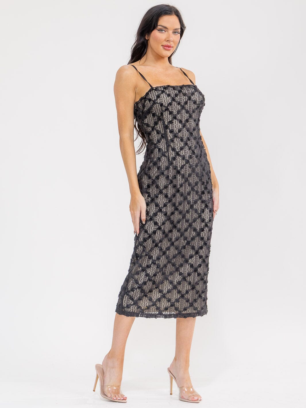 WOMEN'S SLEEVELESS FLOWER DETAILED BODYCON MIDI DRESS