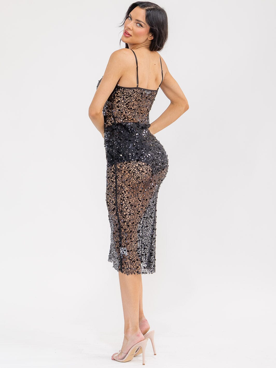 WOMEN'S SLEEVELESS V-NECK SEQUINS BODYCON MIDI DRESS