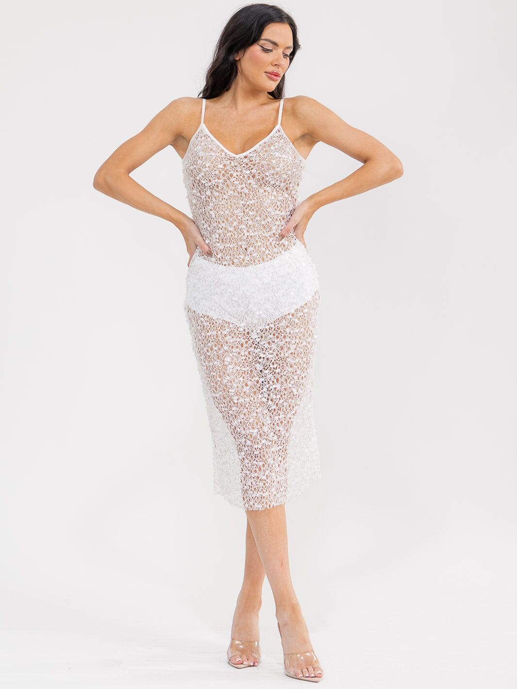 WOMEN'S SLEEVELESS V-NECK SEQUINS BODYCON MIDI DRESS