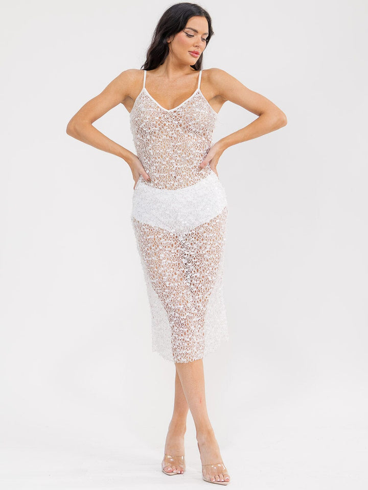 WOMEN'S SLEEVELESS V-NECK SEQUINS BODYCON MIDI DRESS