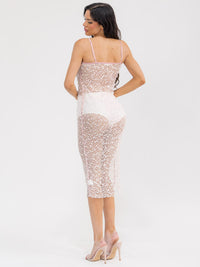 WOMEN'S SLEEVELESS V-NECK SEQUINS BODYCON MIDI DRESS