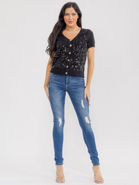 WOMEN'S SHORT SLEEVE BUTTON UP SEQUINS KNIT BLOUSE