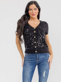 WOMEN'S SHORT SLEEVE BUTTON UP SEQUINS KNIT BLOUSE