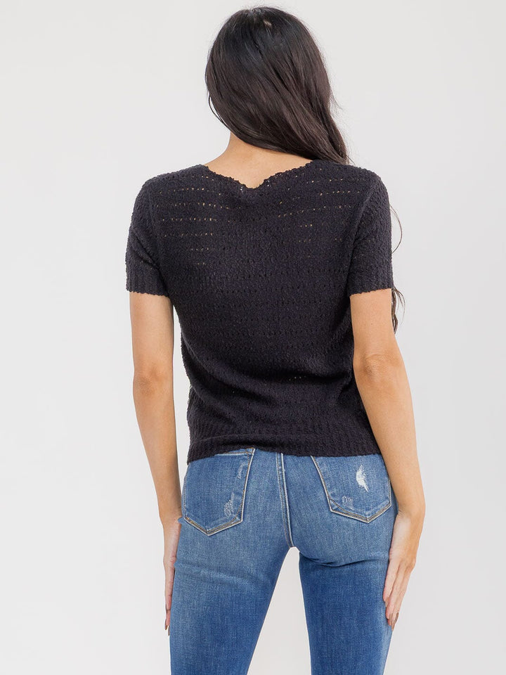 WOMEN'S SHORT SLEEVE BUTTON UP SEQUINS KNIT BLOUSE