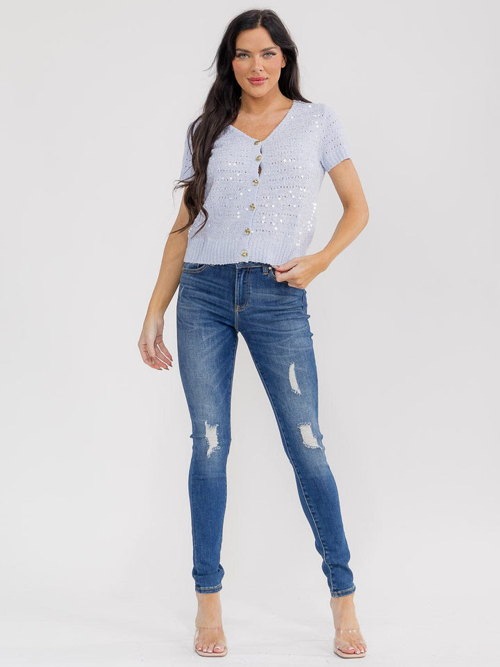 WOMEN'S SHORT SLEEVE BUTTON UP SEQUINS KNIT BLOUSE