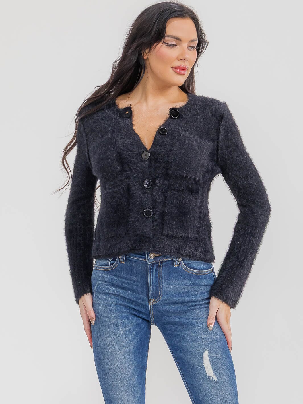 WOMEN'S LONG SLEEVE BUTTON CLOSURE FRONT POCKETS FUZZY SWEATER