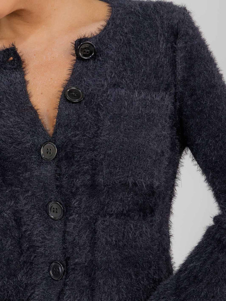 WOMEN'S LONG SLEEVE BUTTON CLOSURE FRONT POCKETS FUZZY SWEATER
