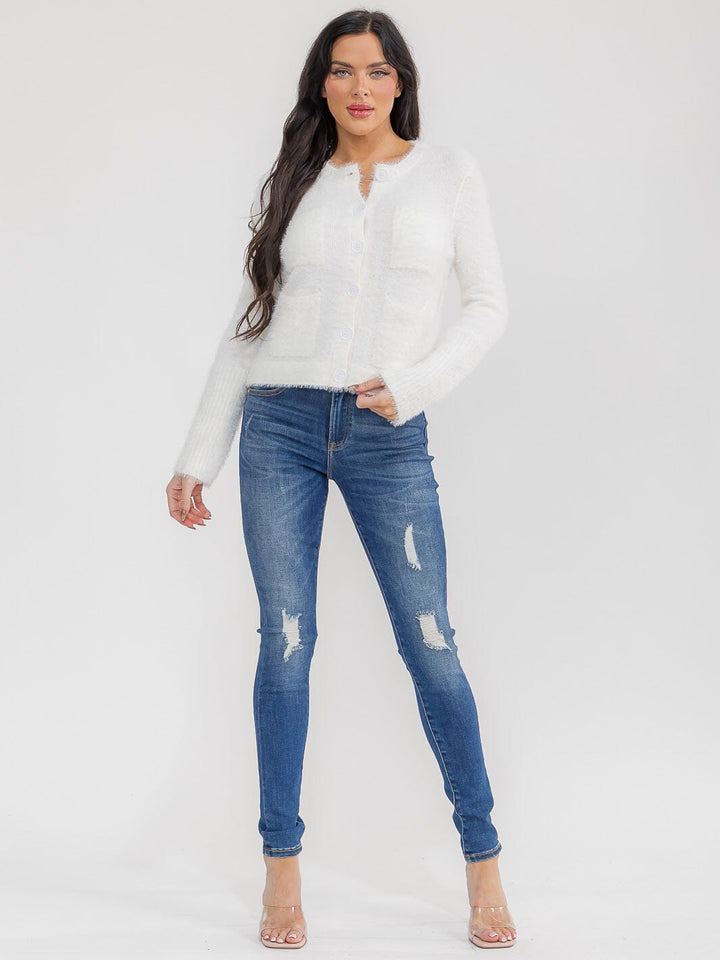 WOMEN'S LONG SLEEVE BUTTON CLOSURE FRONT POCKETS FUZZY SWEATER