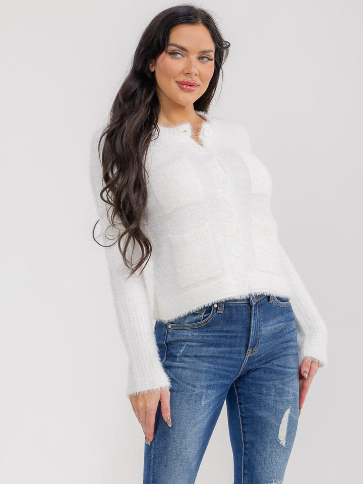 WOMEN'S LONG SLEEVE BUTTON CLOSURE FRONT POCKETS FUZZY SWEATER