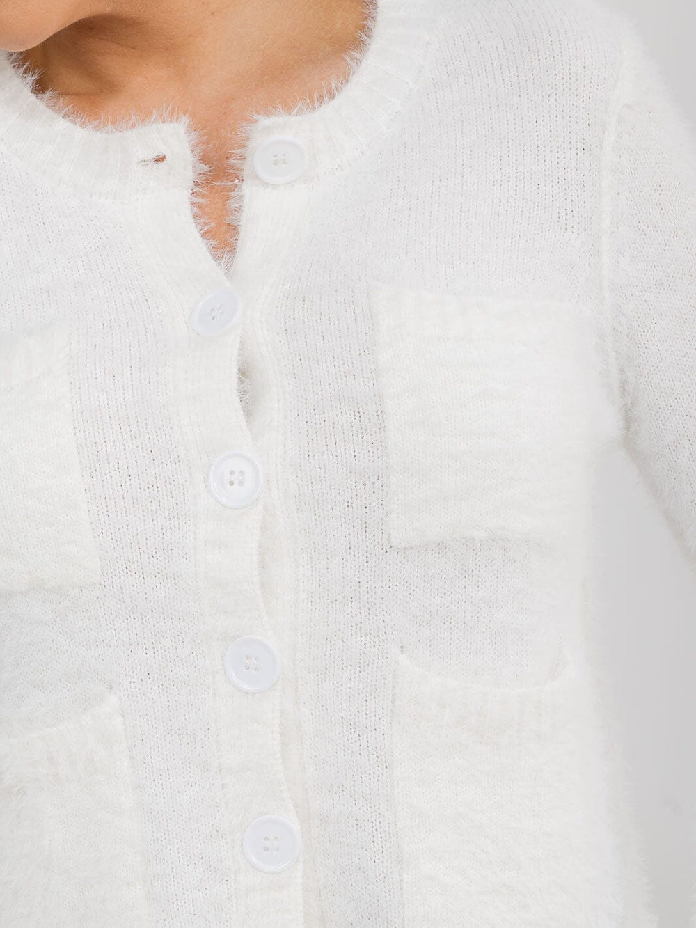 WOMEN'S LONG SLEEVE BUTTON CLOSURE FRONT POCKETS FUZZY SWEATER