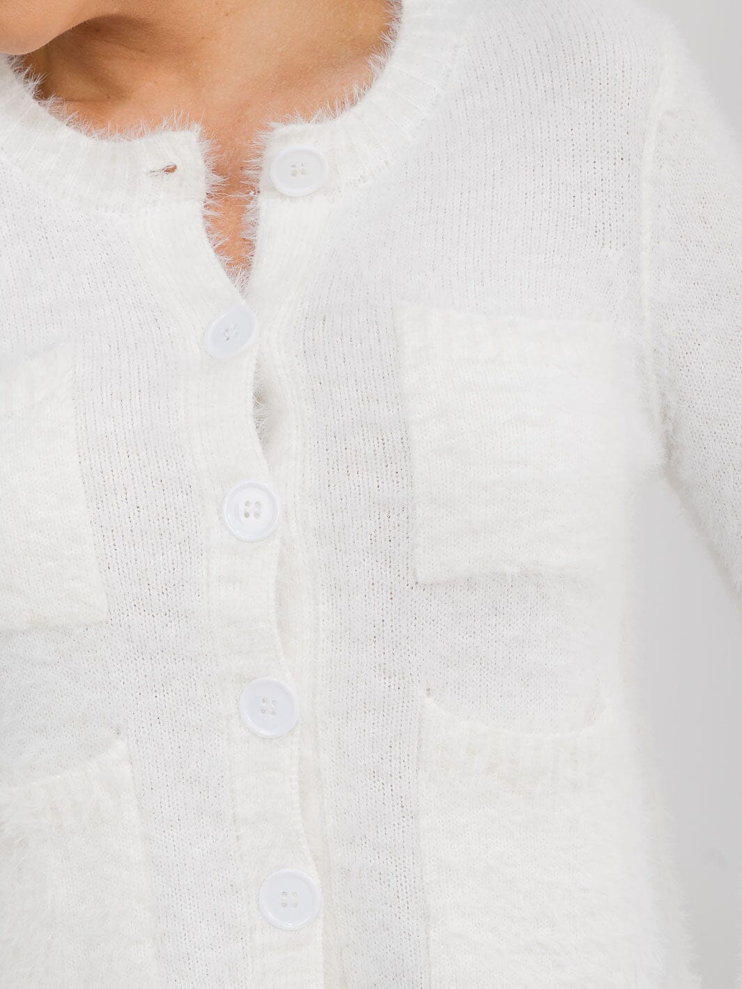 WOMEN'S LONG SLEEVE BUTTON CLOSURE FRONT POCKETS FUZZY SWEATER
